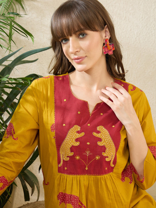 Indo Era Yellow Embroidered A-Line Kurta Trousers Set