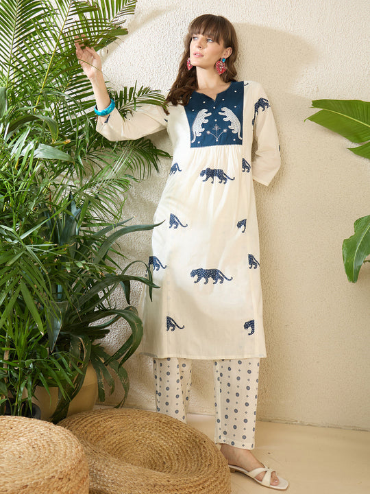 Indo Era White Embroidered A-Line Kurta Trousers Set