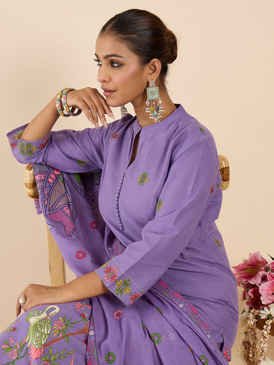 Indo Era Purple Printed Straight Kurta Trousers With Dupatta Set