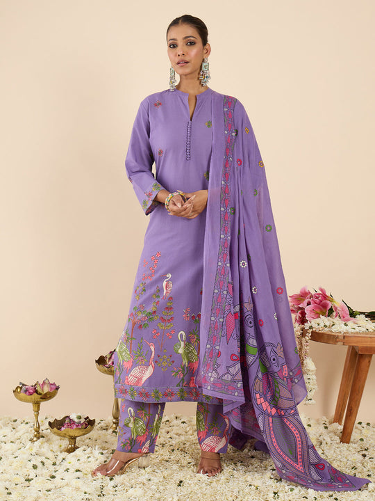 Indo Era Purple Printed Straight Kurta Trousers With Dupatta Set