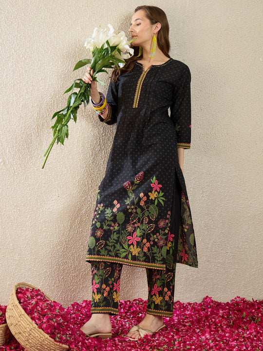 Indo Era Black Printed Straight Kurta Trousers  Set