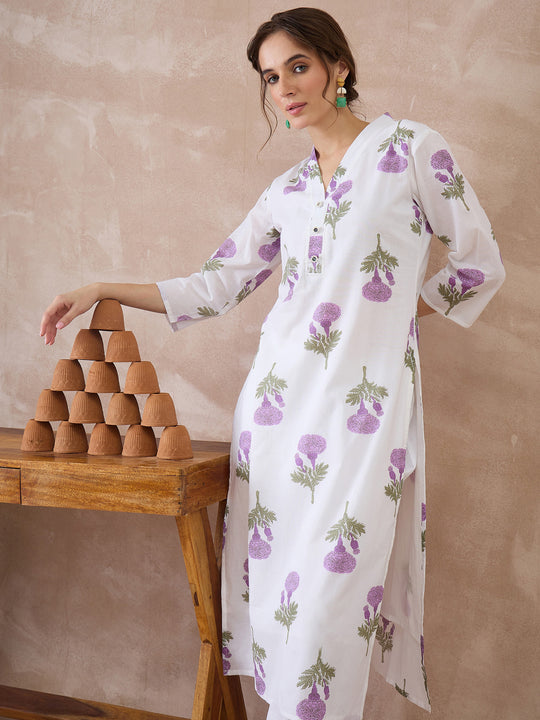 White Printed Pure Cotton Straight Kurta Trousers Set