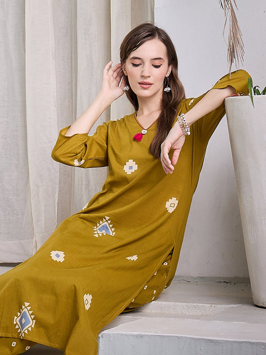Olive Printed Pure Cotton Straight Kurta Trousers Set