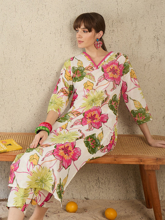 Off White Printed Pure Cotton Straight Kurta Trouser Set