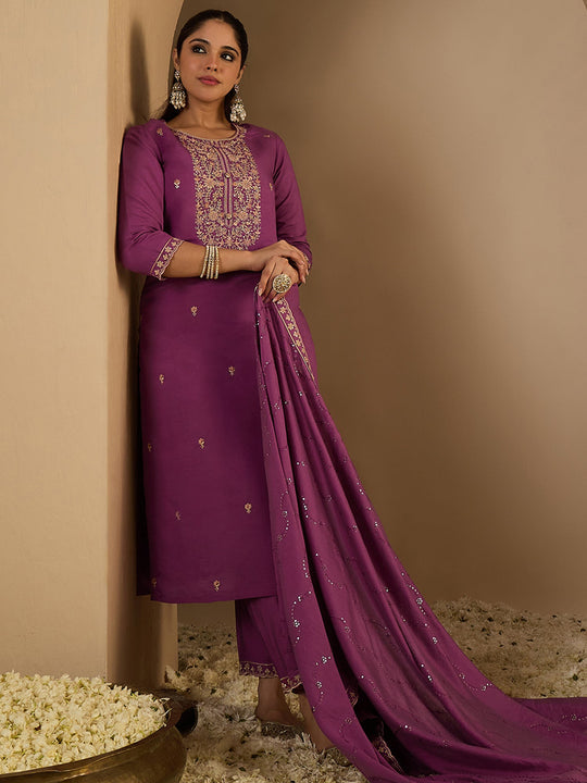 Mauve Embroidered Chinon Straight Suit Sets With Dupatta