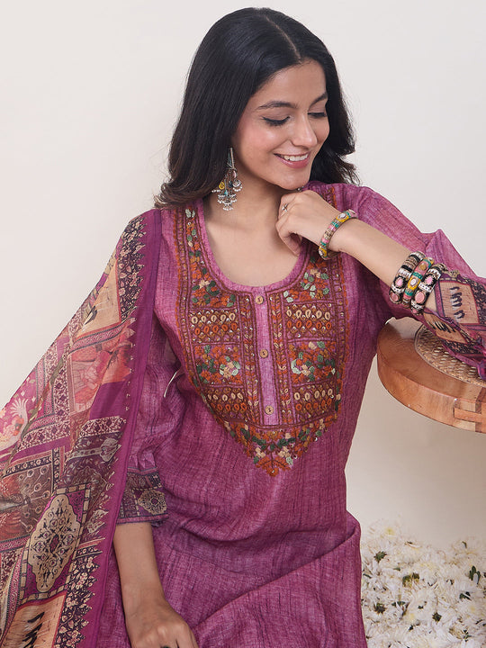 Indo Era Pink Embroidered Straight Kurta Trousers With Dupatta Set