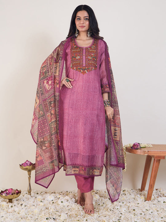 Indo Era Pink Embroidered Straight Kurta Trousers With Dupatta Set