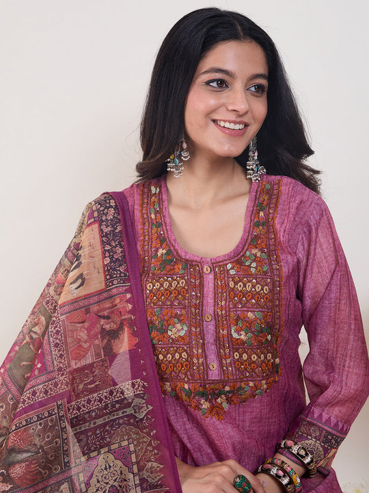 Indo Era Pink Embroidered Straight Kurta Trousers With Dupatta Set