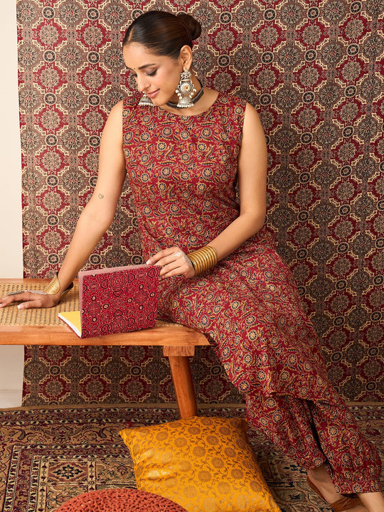 Maroon Printed Pure Cotton Straight Kurta Salwar Set