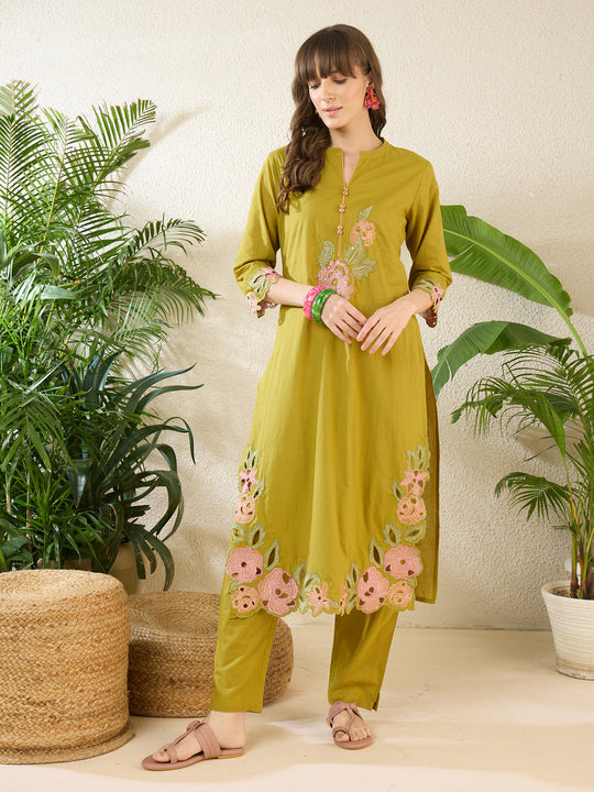 Indo Era Green Embroidered Straight Kurta Trousers Set