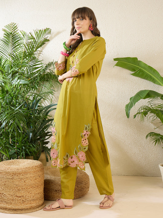 Indo Era Green Embroidered Straight Kurta Trousers Set