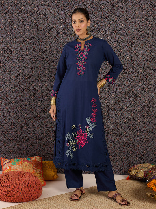 Indo Era Blue Embroidered Straight Kurta Trousers Set