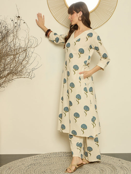 White Printed Cotton Blend A-Line Kurta Palazzo Set