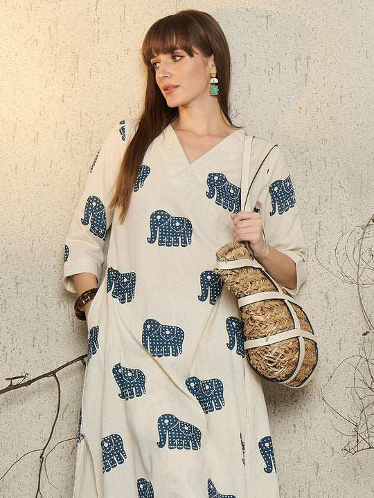 White Printed Cotton Blend A-Line Kurta Palazzo Set