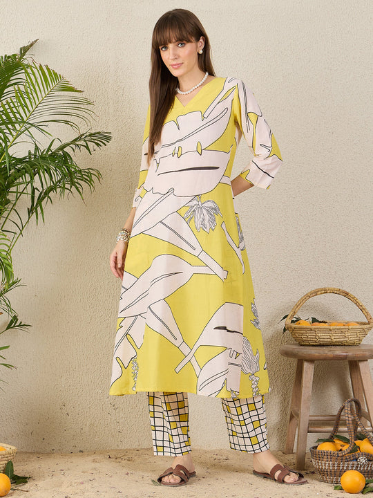 Yellow Printed Pure Cotton A-Line Kurta Trousers Set