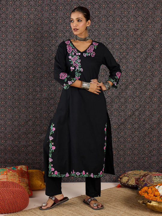 Indo Era Black Embroidered Straight Kurta Trousers Set