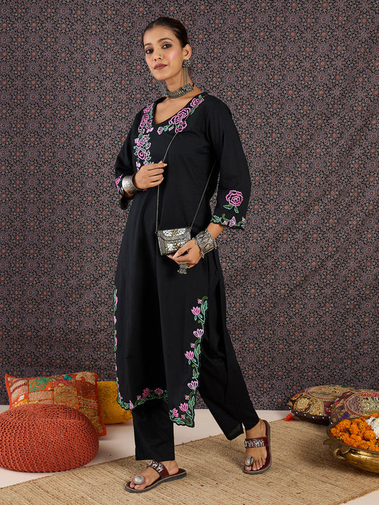 Indo Era Black Embroidered Straight Kurta Trousers Set