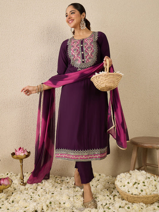 Purple Embroidered Silk Blend Straight Suit Sets With Dupatta