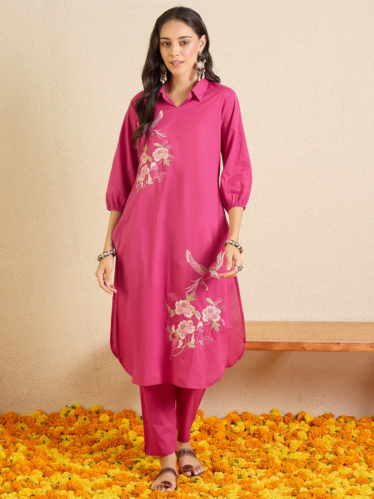 Pink Embroidered Pure Cotton Straight Kurta Trousers Set