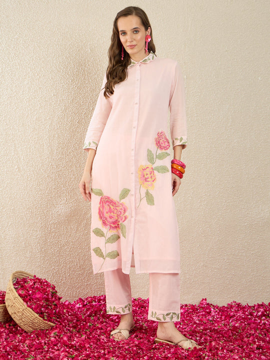 Indo Era Pink Embroidered Straight Kurta Trousers Set