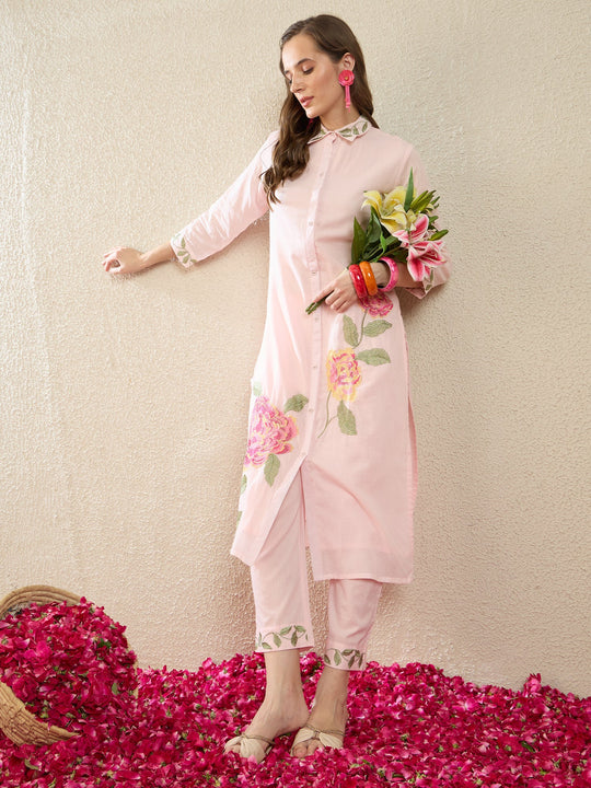 Indo Era Pink Embroidered Straight Kurta Trousers Set