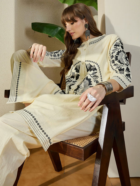 Off White Embroidered Pure Cotton Straight Kurta Palazzo Set