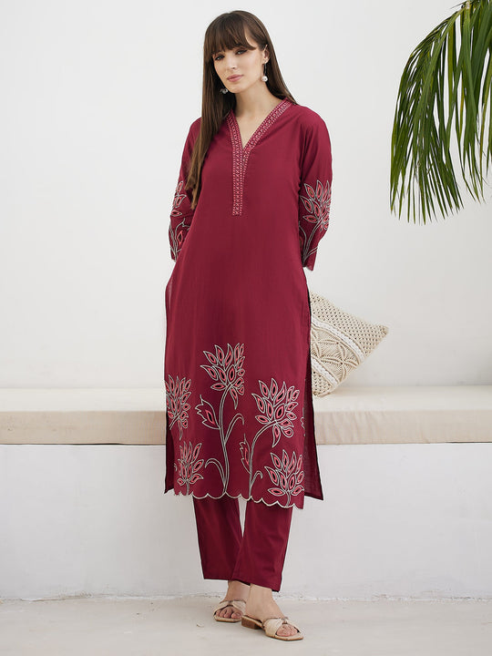 Red Embroidered Pure Cotton Straight Kurta Trousers Set