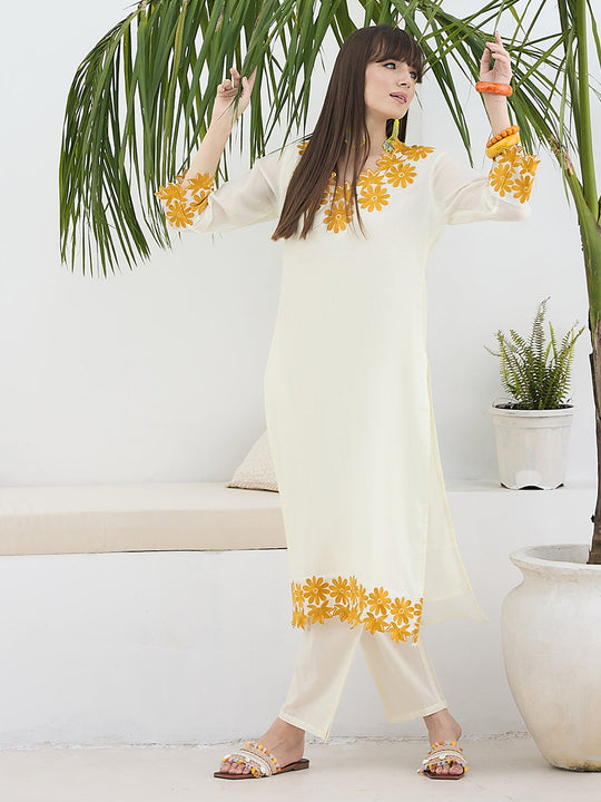 White Embroidered Pure Cotton Straight Kurta Trousers Set