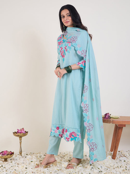 Indo Era Blue Embroidered Straight Kurta Trousers With Dupatta set