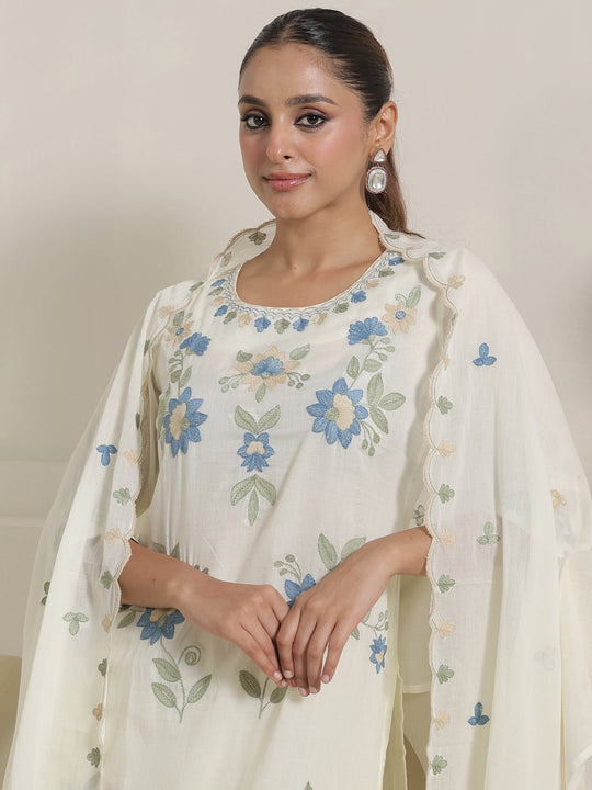 White Embroidered Pure Cotton Straight Suit Sets With Dupatta