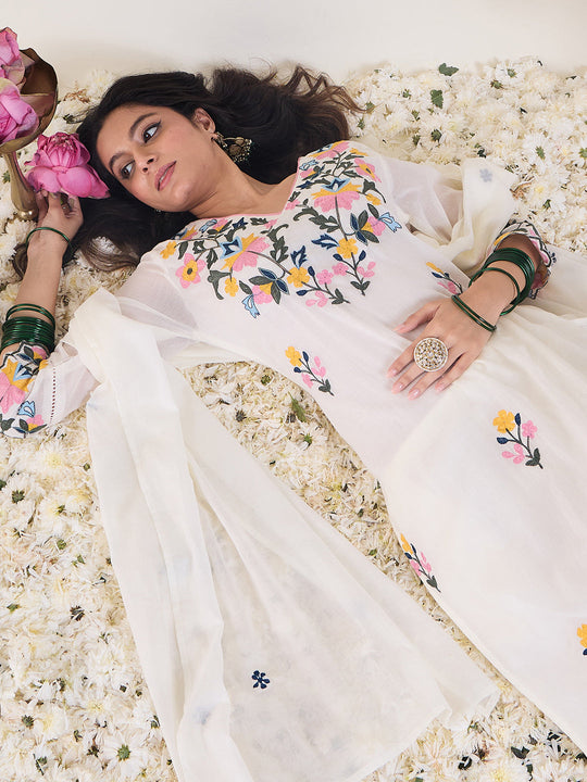 Indo Era White Embroidered Straight Kurta Trousers With Dupatta Set