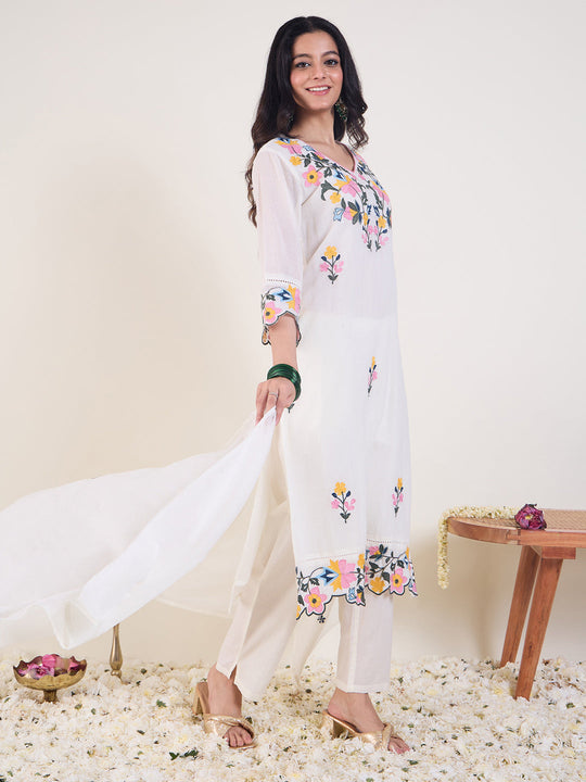 Indo Era White Embroidered Straight Kurta Trousers With Dupatta Set