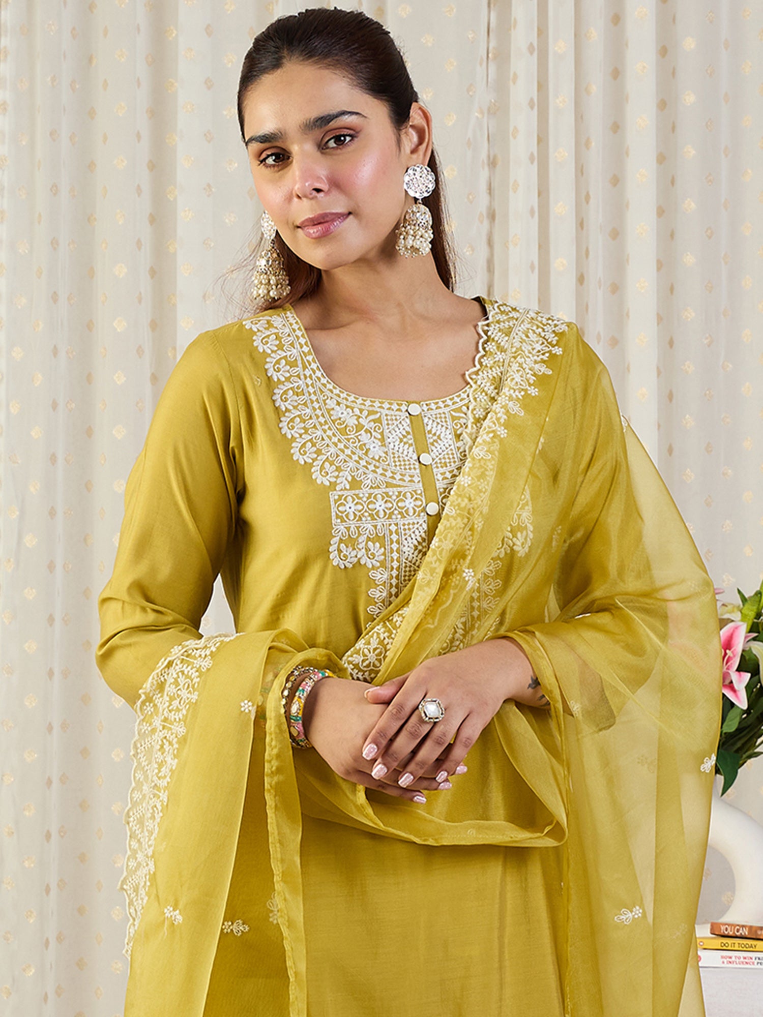 Indo Era Yellow Embroidered Straight Kurta Trousers With Dupatta Set
