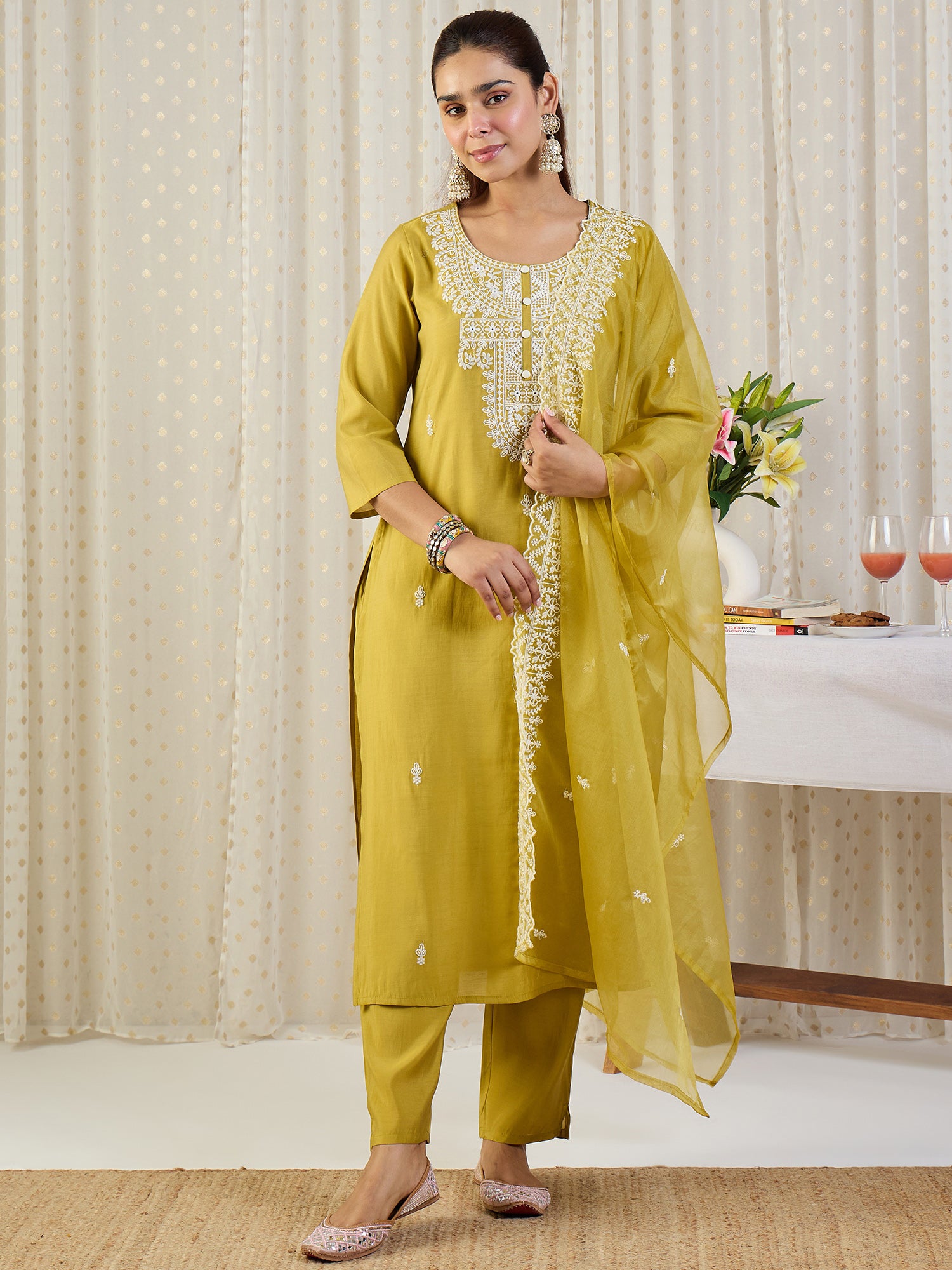 Indo Era Yellow Embroidered Straight Kurta Trousers With Dupatta Set