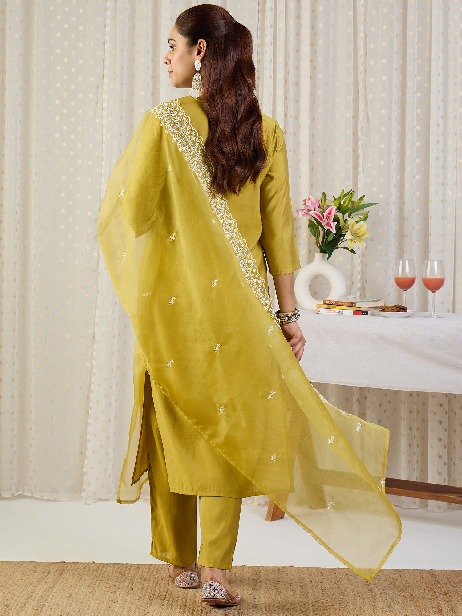 Indo Era Yellow Embroidered Straight Kurta Trousers With Dupatta Set