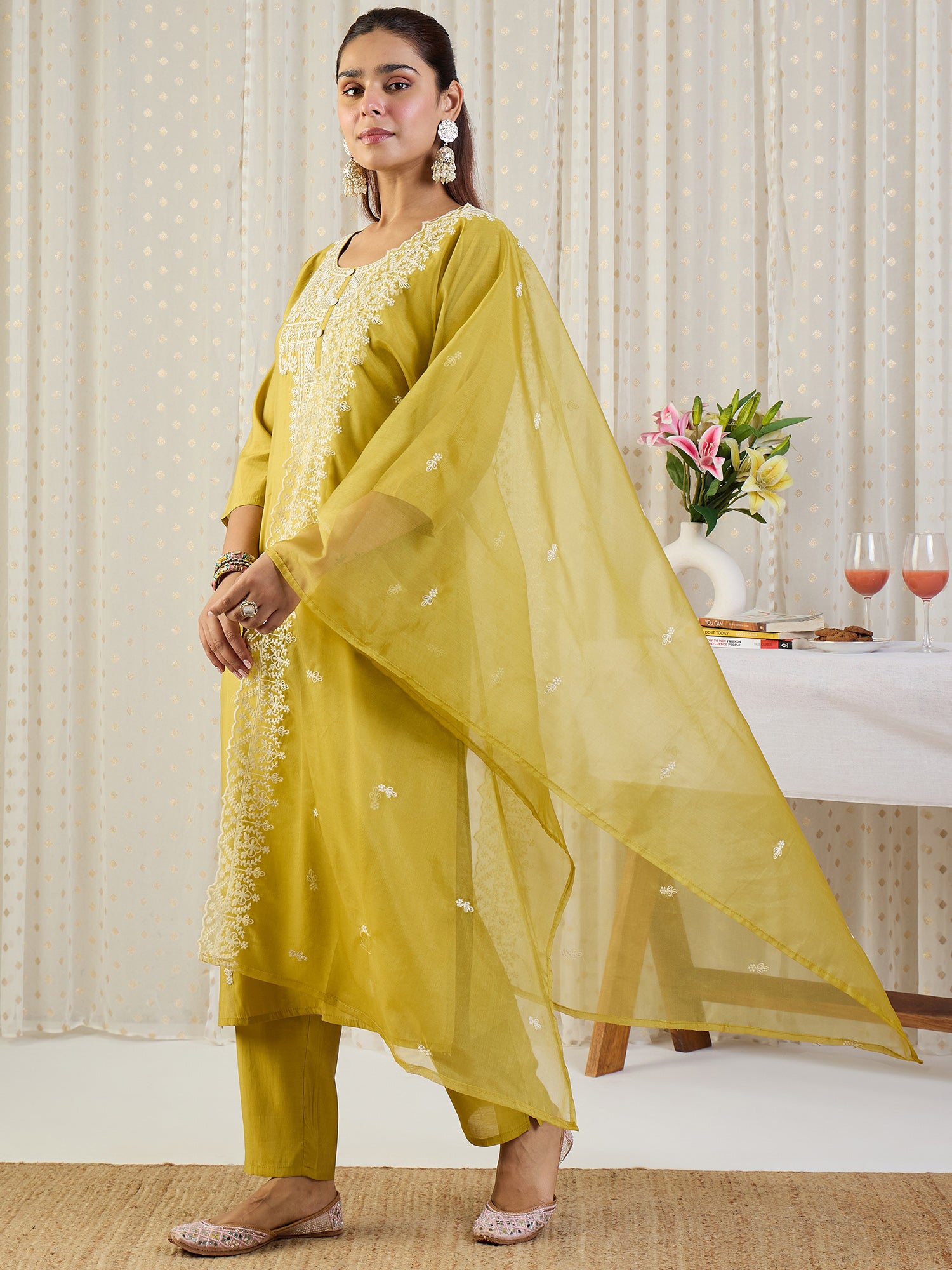 Indo Era Yellow Embroidered Straight Kurta Trousers With Dupatta Set