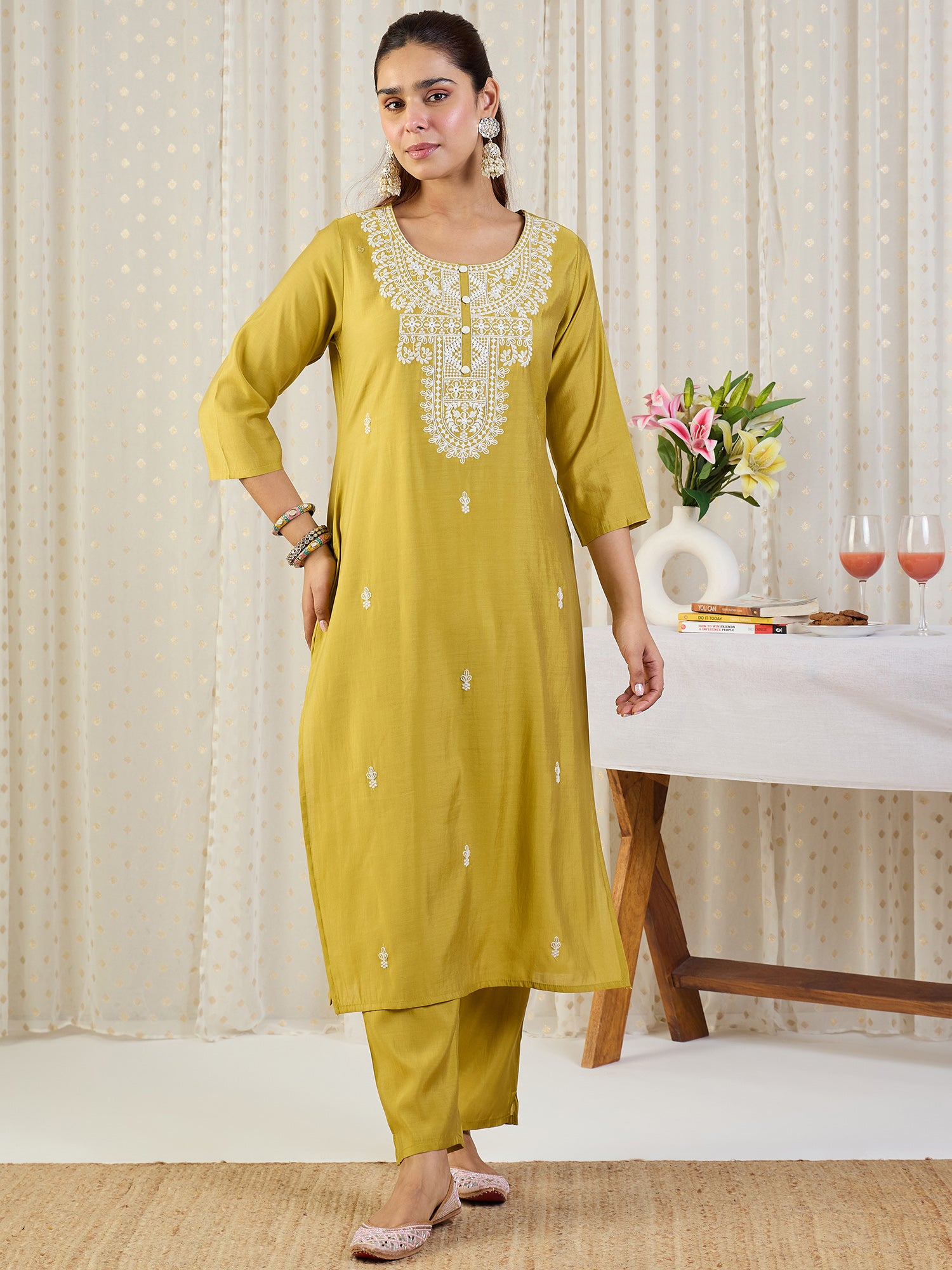 Indo Era Yellow Embroidered Straight Kurta Trousers With Dupatta Set