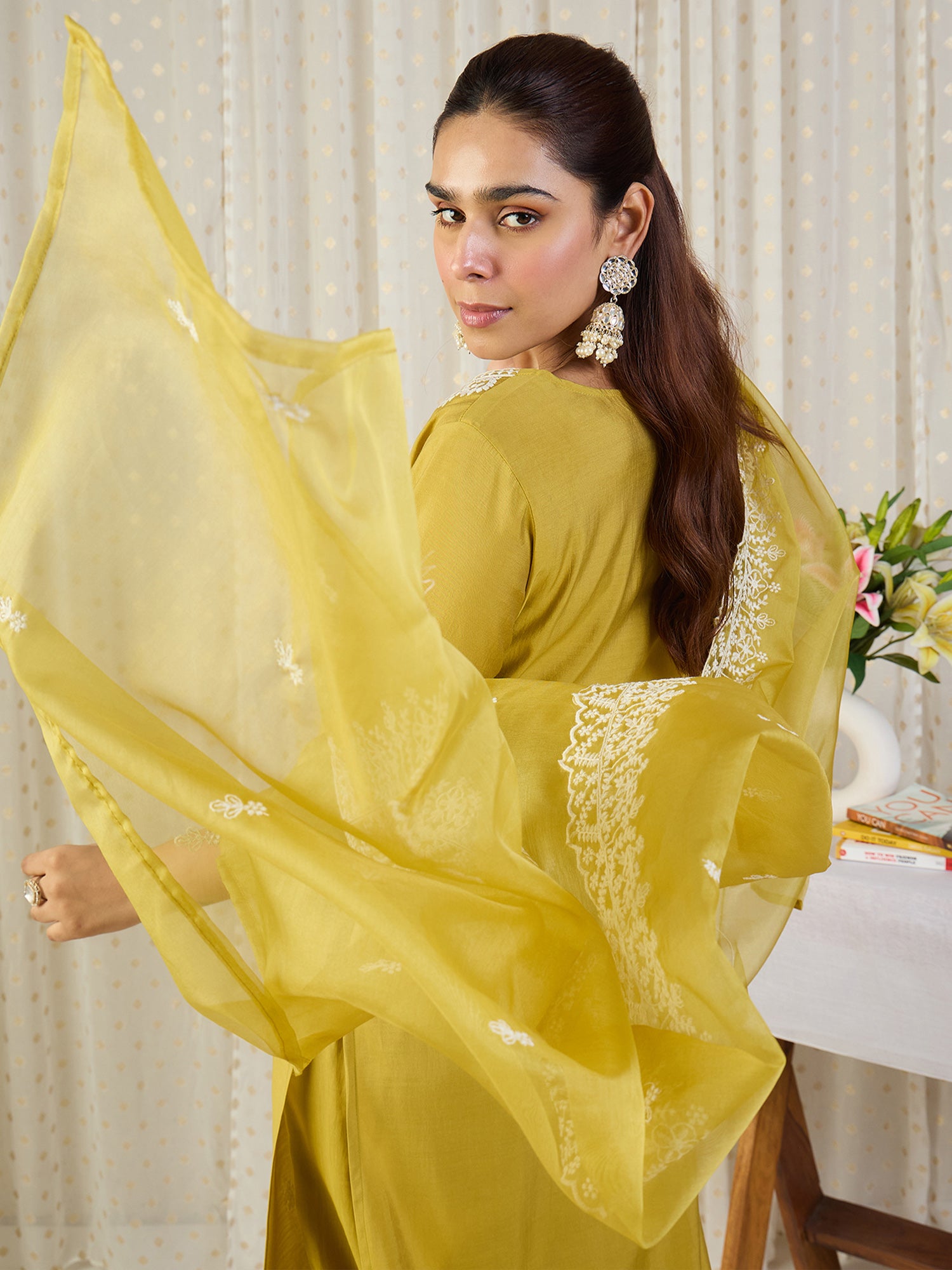 Indo Era Yellow Embroidered Straight Kurta Trousers With Dupatta Set