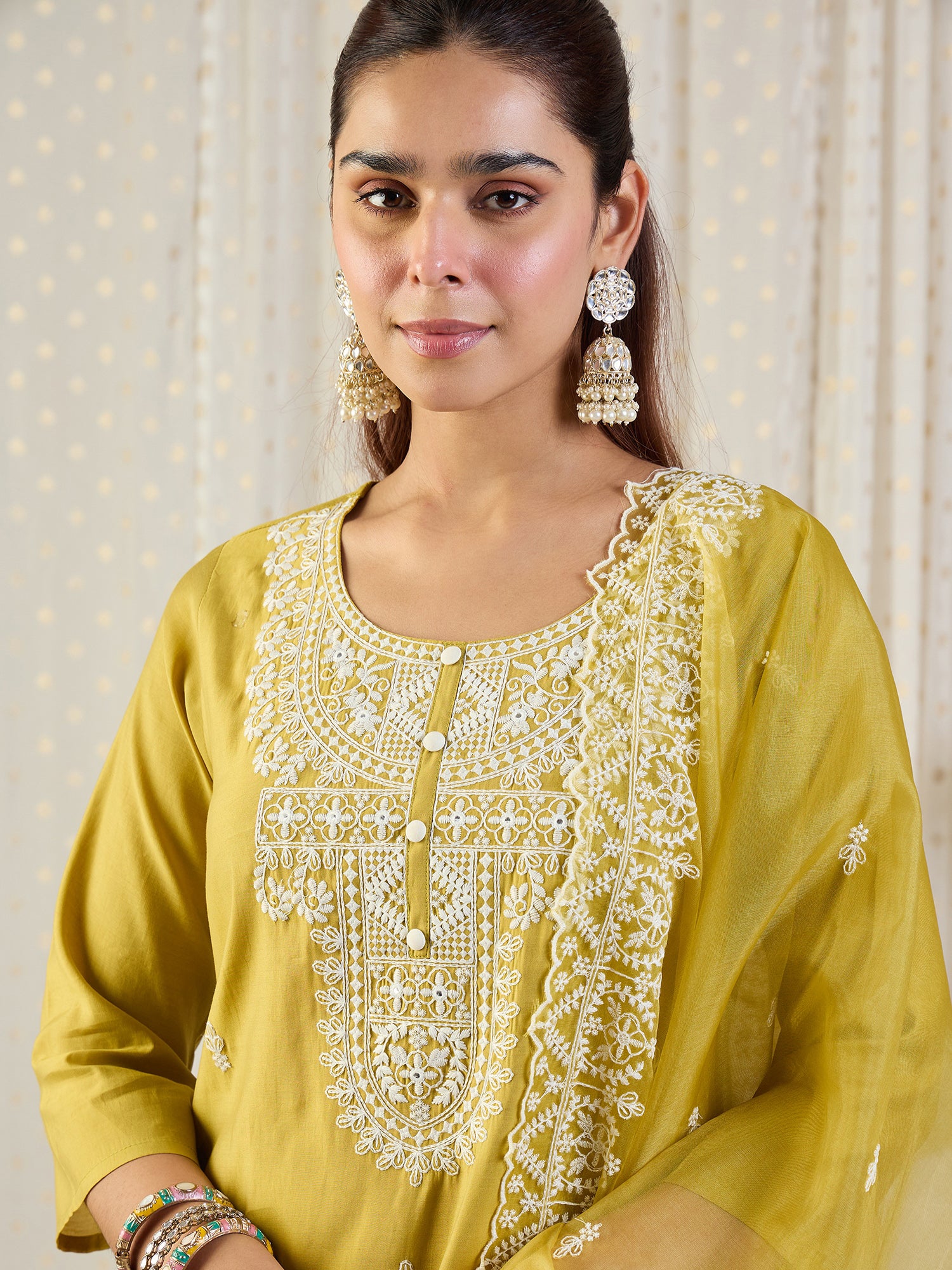 Indo Era Yellow Embroidered Straight Kurta Trousers With Dupatta Set