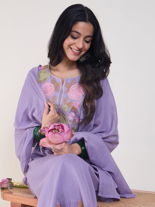 Indo Era Purple Embroidered Straight Kurta Trousers With Dupatta set