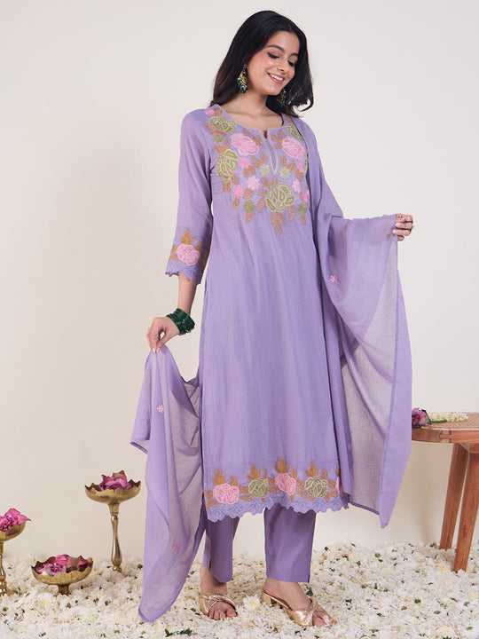 Indo Era Purple Embroidered Straight Kurta Trousers With Dupatta set
