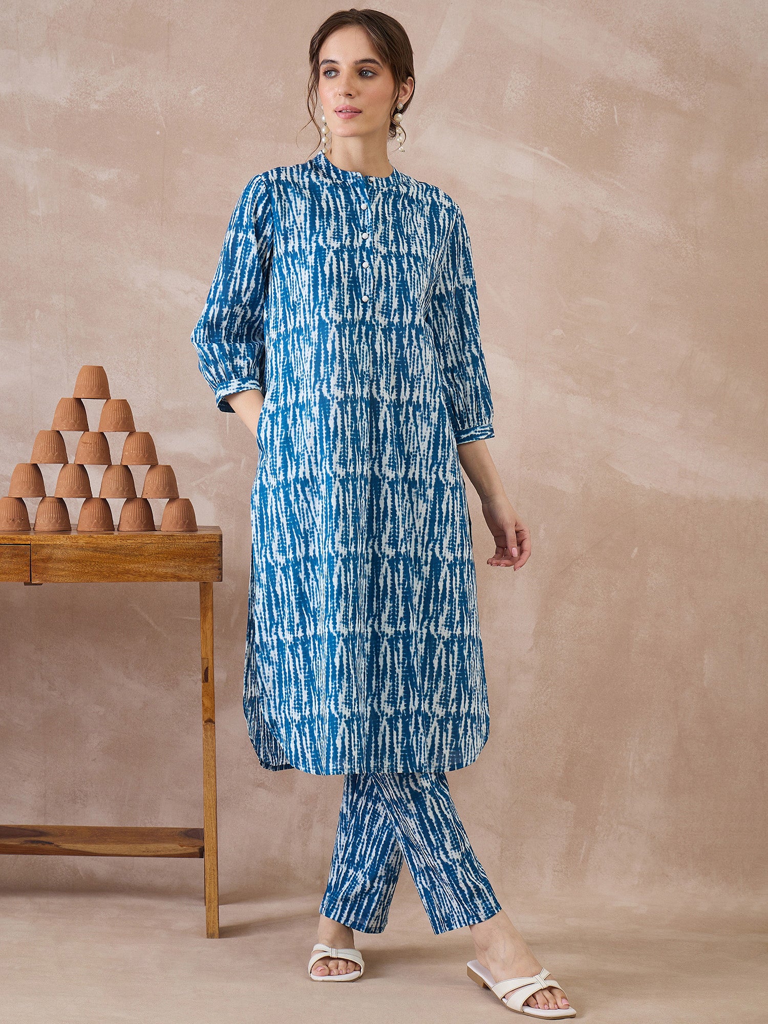 Indo Era Blue Printed Straight Kurta Trousers Set