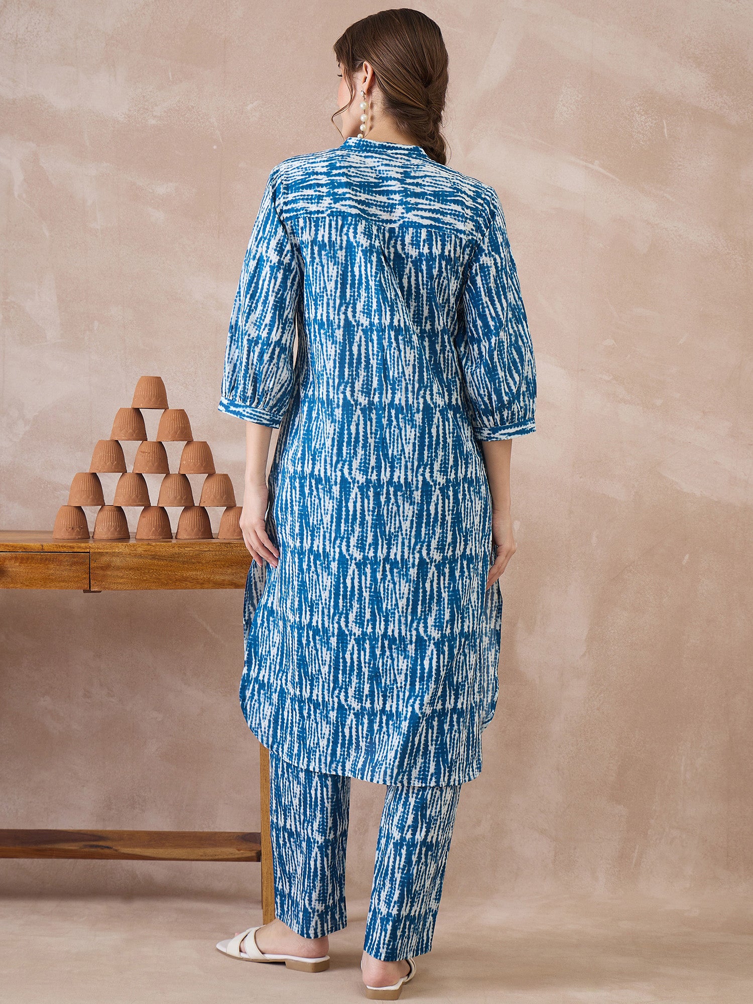 Indo Era Blue Printed Straight Kurta Trousers Set