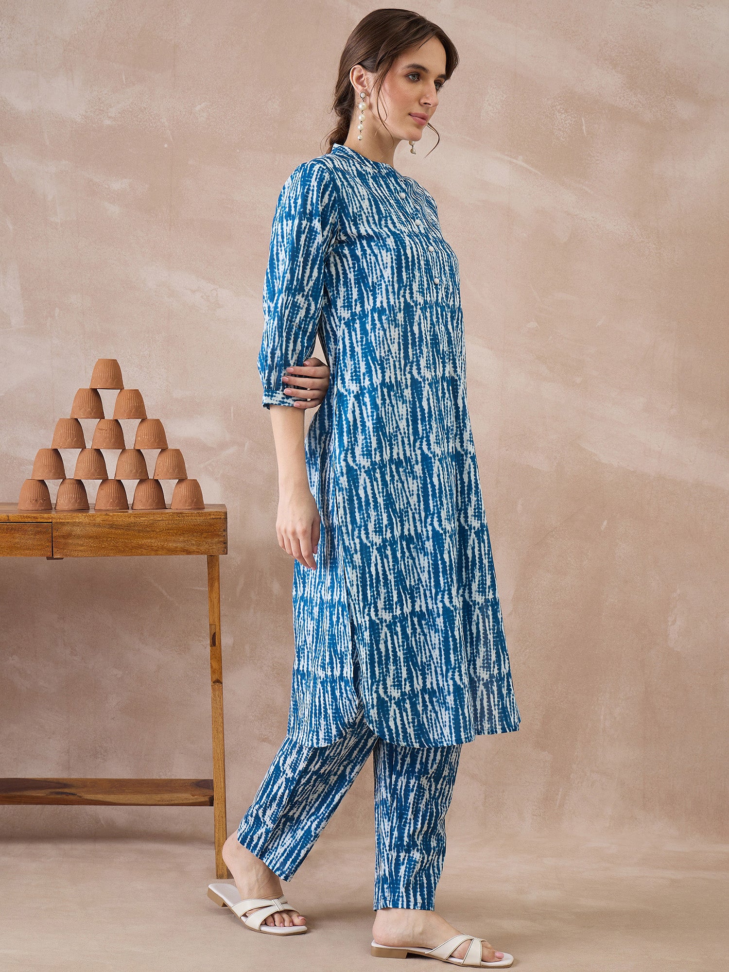 Indo Era Blue Printed Straight Kurta Trousers Set