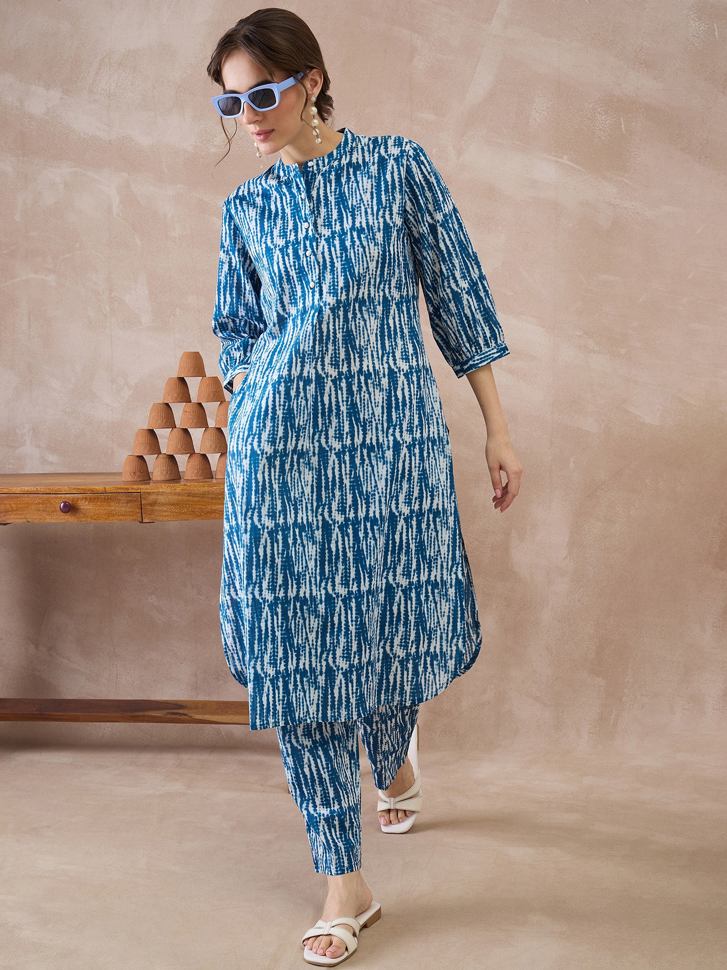 Indo Era Blue Printed Straight Kurta Trousers Set