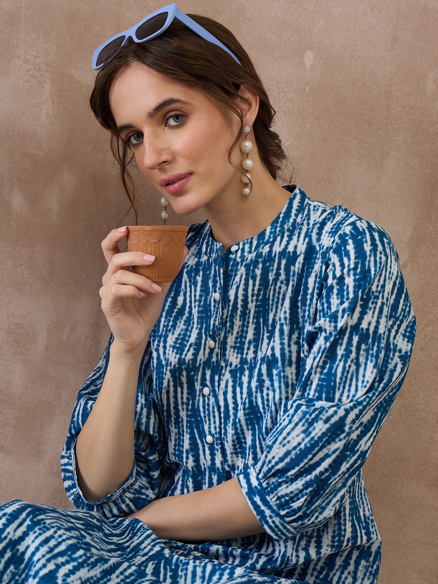 Indo Era Blue Printed Straight Kurta Trousers Set