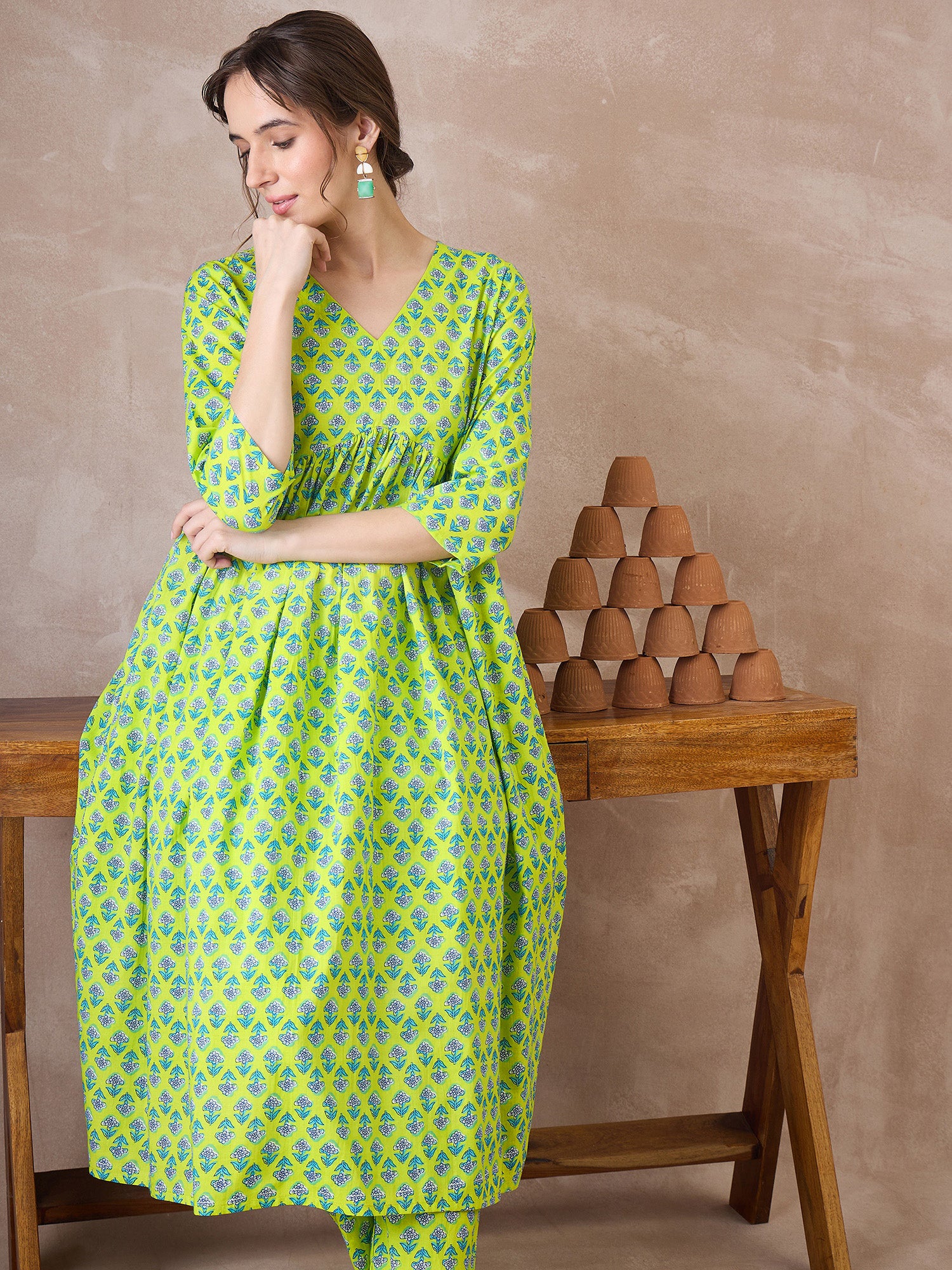 Indo Era Green Printed A-Line Kurta Trousers set