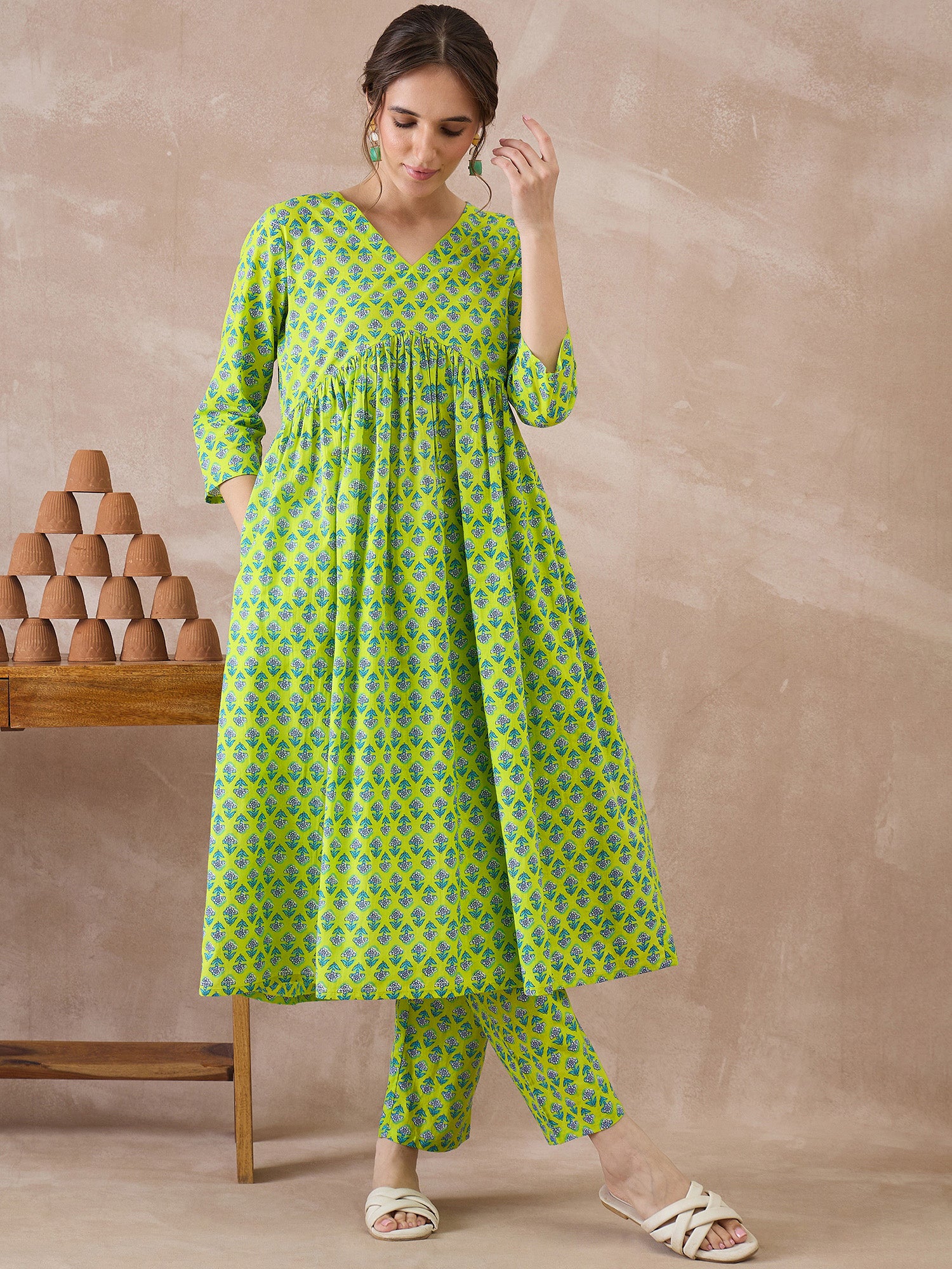 Indo Era Green Printed A-Line Kurta Trousers set