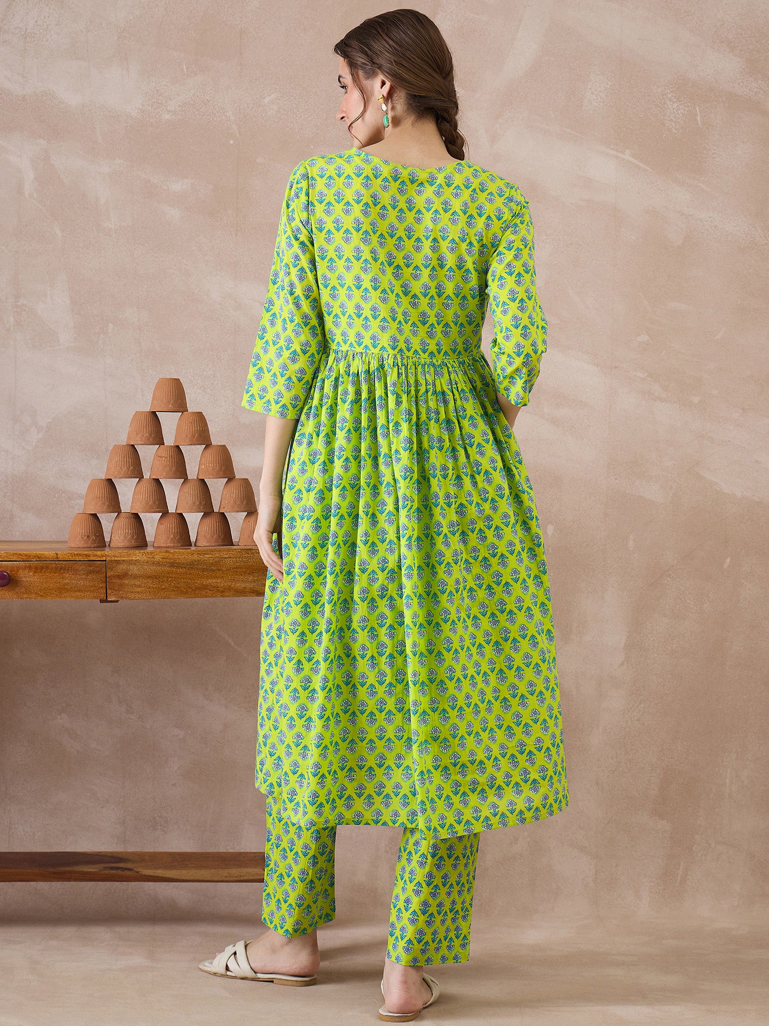 Indo Era Green Printed A-Line Kurta Trousers set