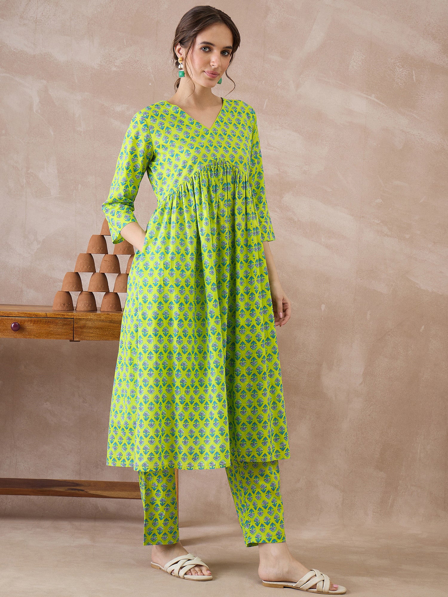 Indo Era Green Printed A-Line Kurta Trousers set